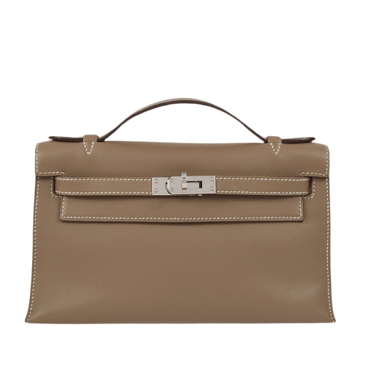 Hermès Kelly Mini Pochette Clutch Cuero Swift Etoupe Herrajes Paladio