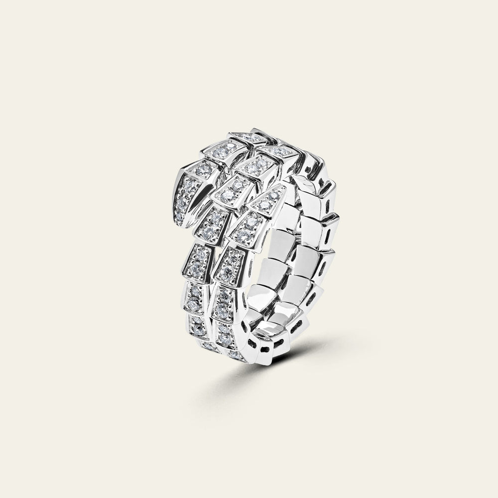 BVLGARI Serpenti Viper Thin Two-Coil Ring White Gold Full Pavé Diamond Set 357259 - View 5