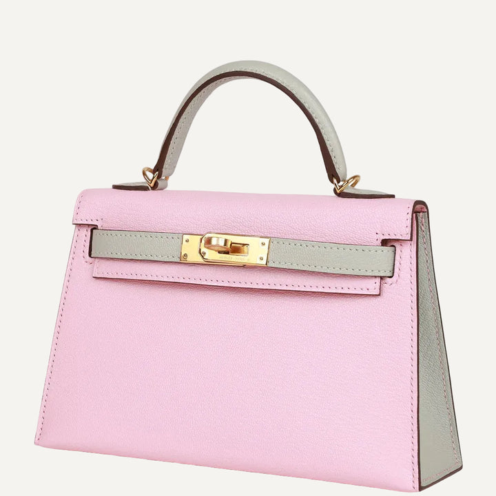 Hermès Kelly II Sellier Mini 20 HSS Rose Sakura y Gris Tourterelle Chevre Mysore Herrajes Dorados