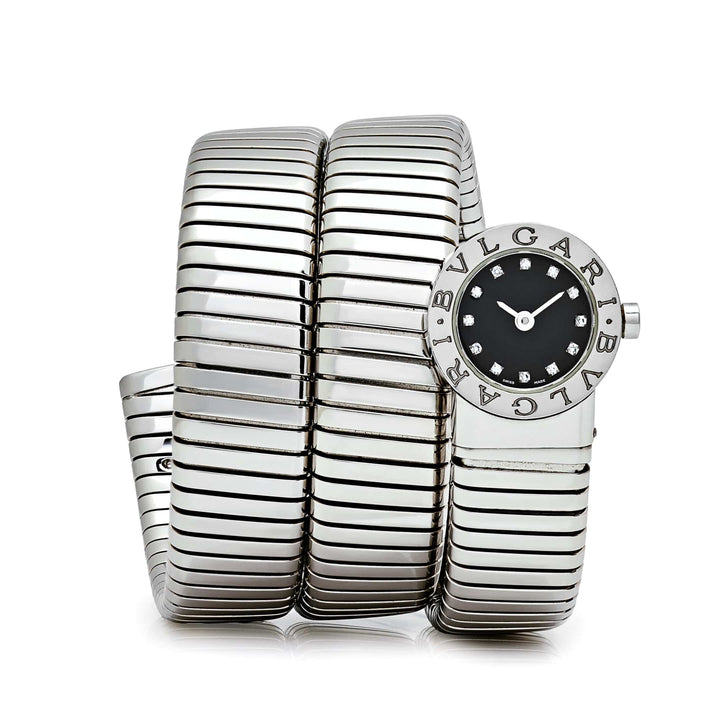 BVLGARI Tubogas BB191TS 3 filas Acero inoxidable Esfera de diamante Cuarzo