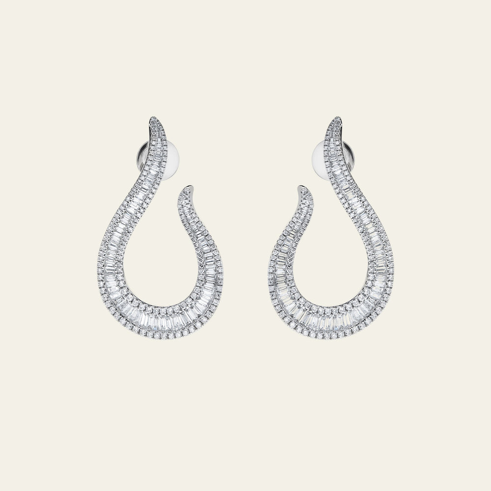 Baguette and Pave Diamond Drop White Gold Earrings - View 2