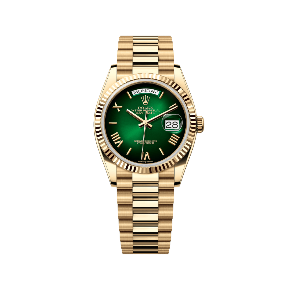 Rolex Day-Date 128238 Oro amarillo Esfera verde degradado con números romanos