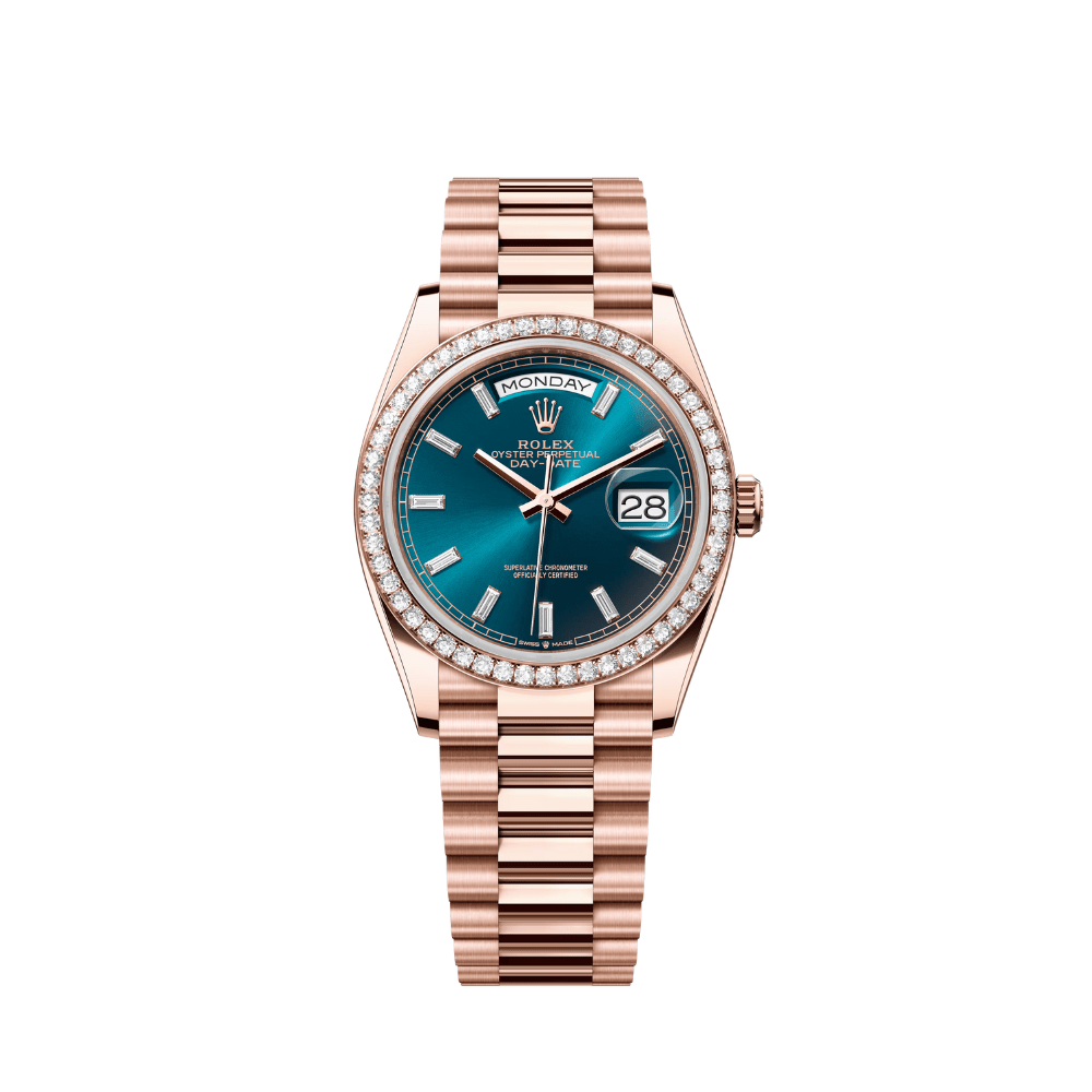 Rolex Day-Date 128345RBR Oro Rosa Bisel de Diamantes Esfera Azul Verdoso con Marcadores Baguette