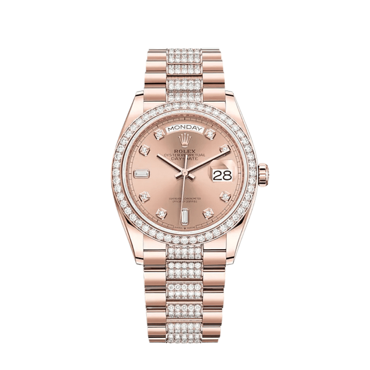 Rolex Day-Date 128345RBR Rose Gold Diamond Bezel Rosé Diamond Dial - View 2