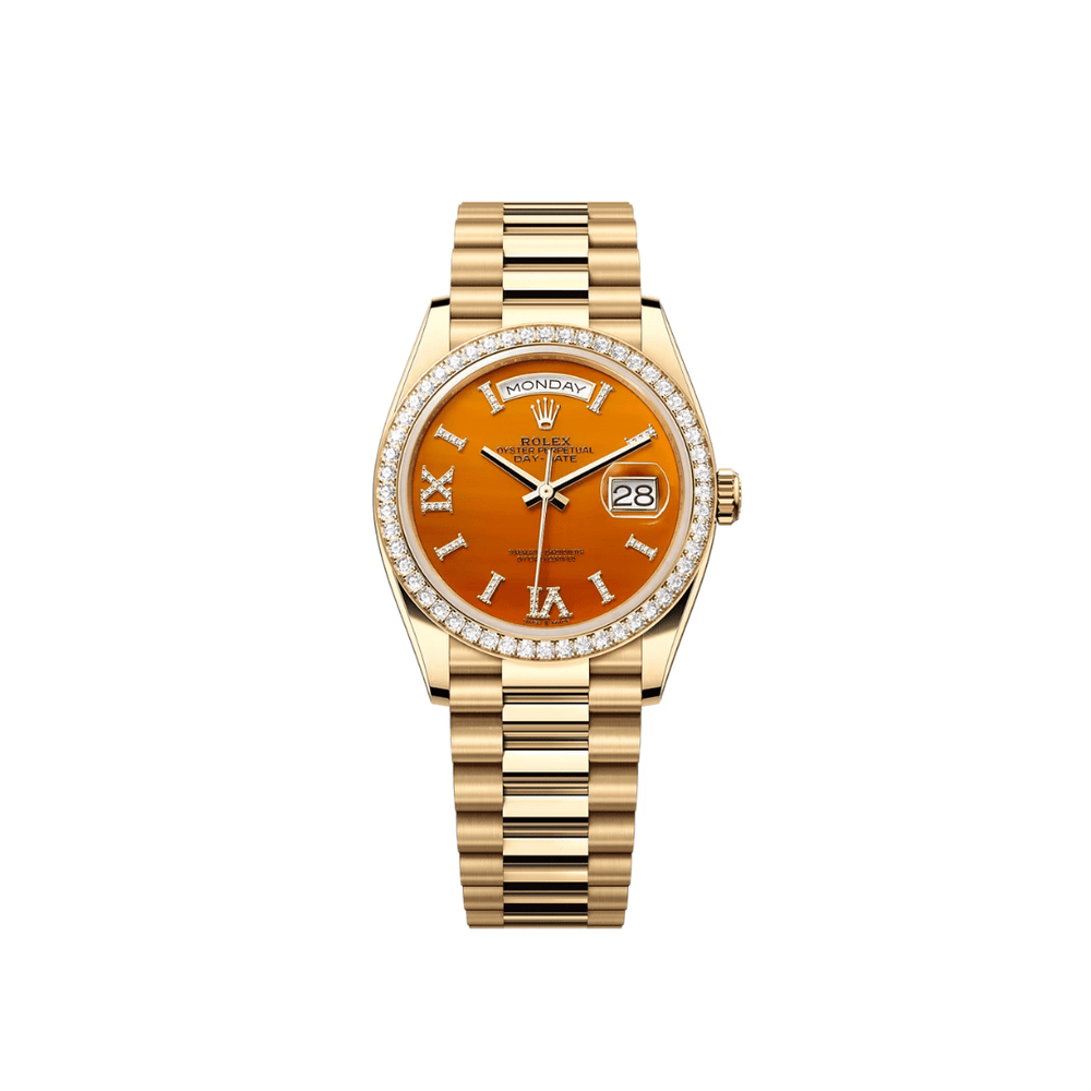 Rolex Day-Date 128348RBR Yellow Gold Carnelian Dial Diamond Bezel - View 2