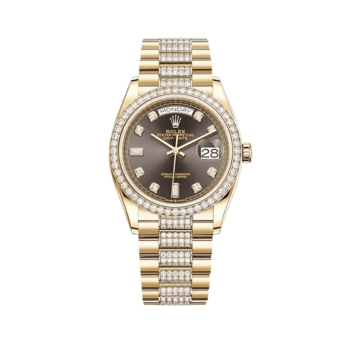 Rolex Day-Date 128348RBR Yellow Gold Diamond Bezel Grey Diamond Dial - View 2