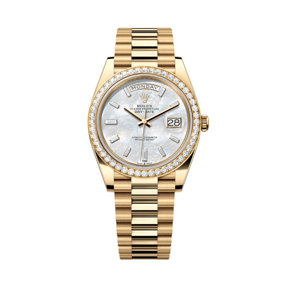 Rolex Day-Date 228348RBR Yellow Gold Diamond Bezel Baguette Mother of Pearl Dial - View 3