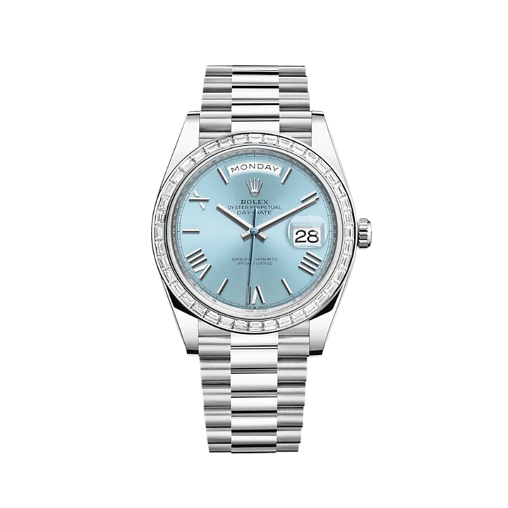Rolex Day-Date 228396TBR Platinum Diamond Bezel Ice Blue Roman Dial - View 2