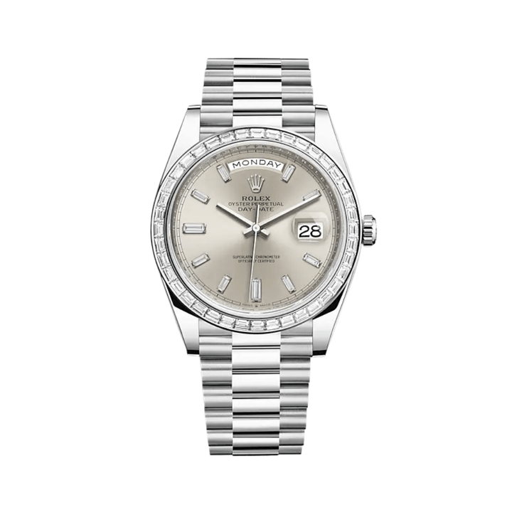 Rolex Day-Date 228396TBR Platinum Diamond Bezel Silver Diamond Dial - View 2