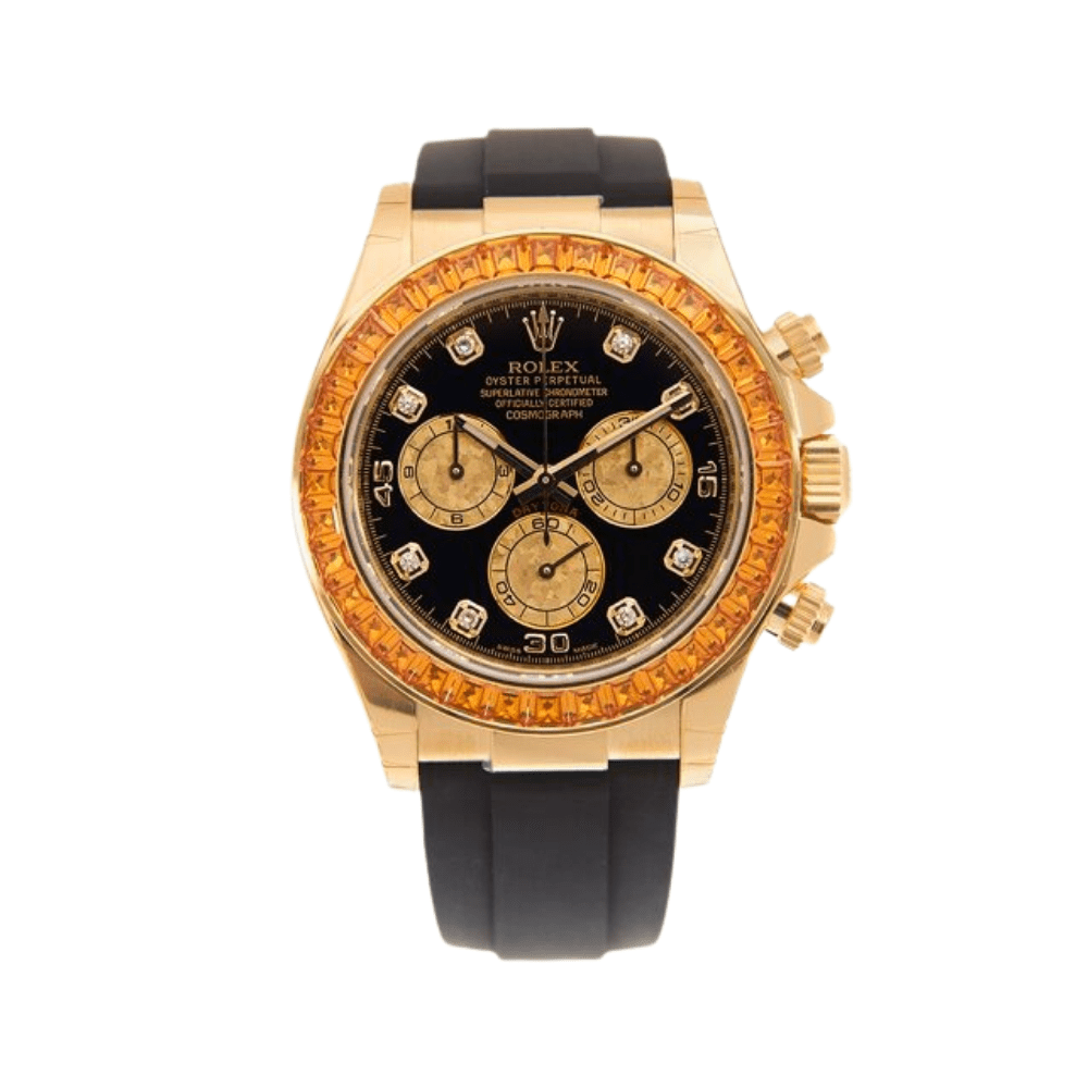 Rolex Daytona 116588SACO Yellow Gold Orange Sapphire Bezel Black Diamond Dial - View 10