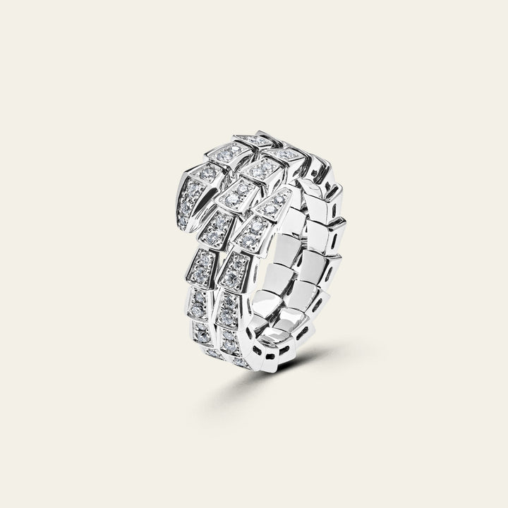 BVLGARI Serpenti Viper Thin Two-Coil Ring White Gold Full Pavé Diamond Set 357259 - View 5