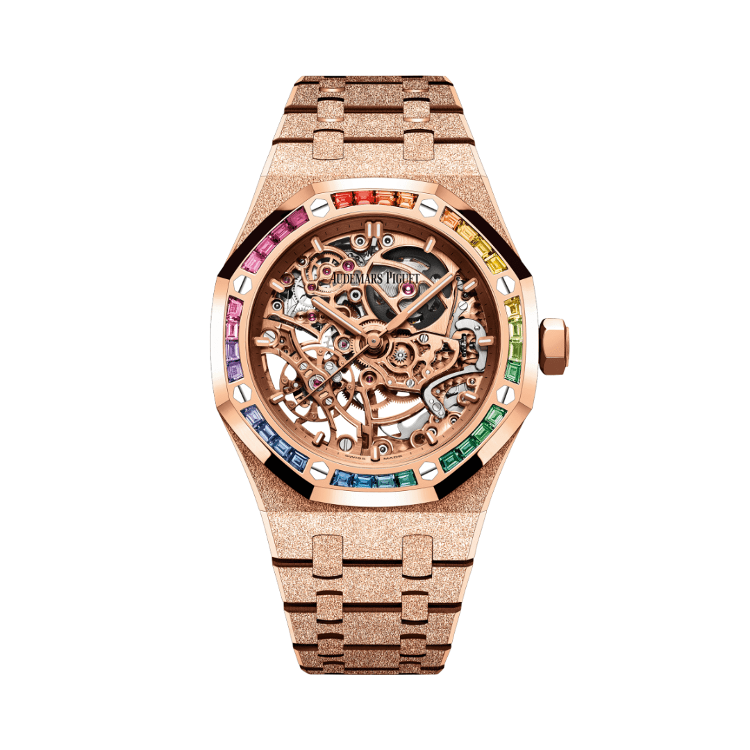 Audemars Piguet Royal Oak 15468OR.YG.1259OR.01 Openworked Frosted Rose Gold Rainbow Bezel - View 6