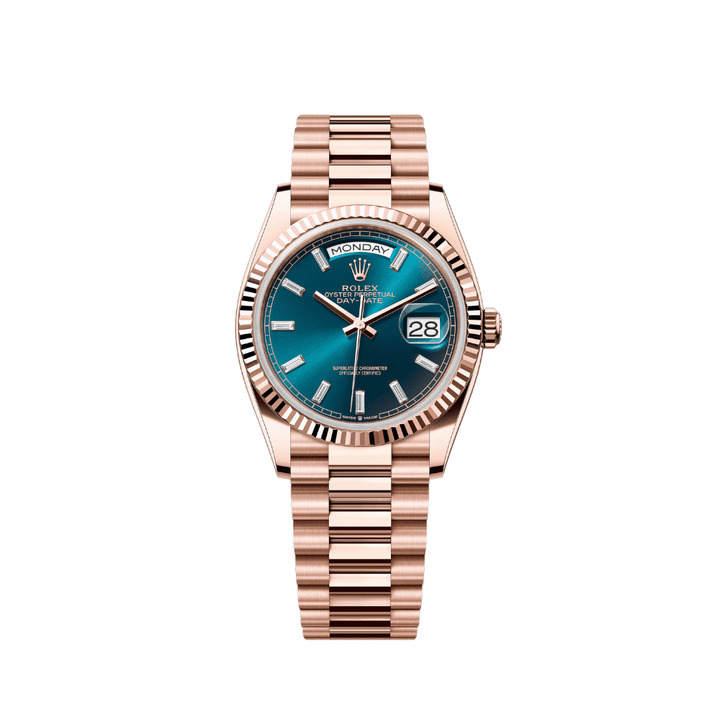 Rolex Day-Date 128235 Oro rosa Esfera con marcadores baguette azul verdoso