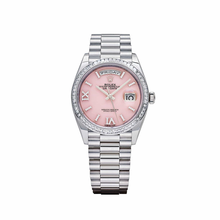 Rolex Day-Date 128396TBR Platino, Esfera de Ópalo Rosa con Diamantes y Bisel