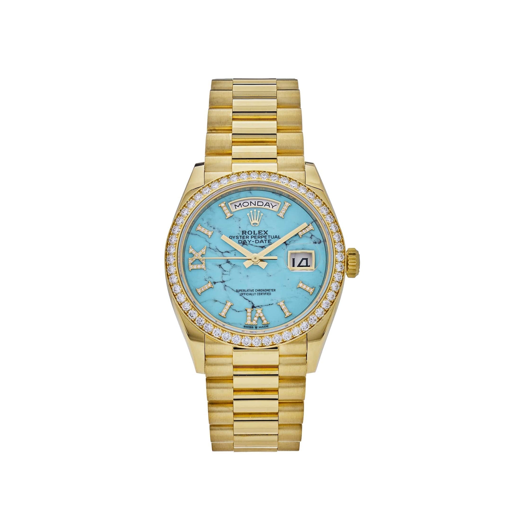 Rolex Day-Date 128348RBR Yellow Gold Diamond Bezel Turquoise Diamond Dial - View 8