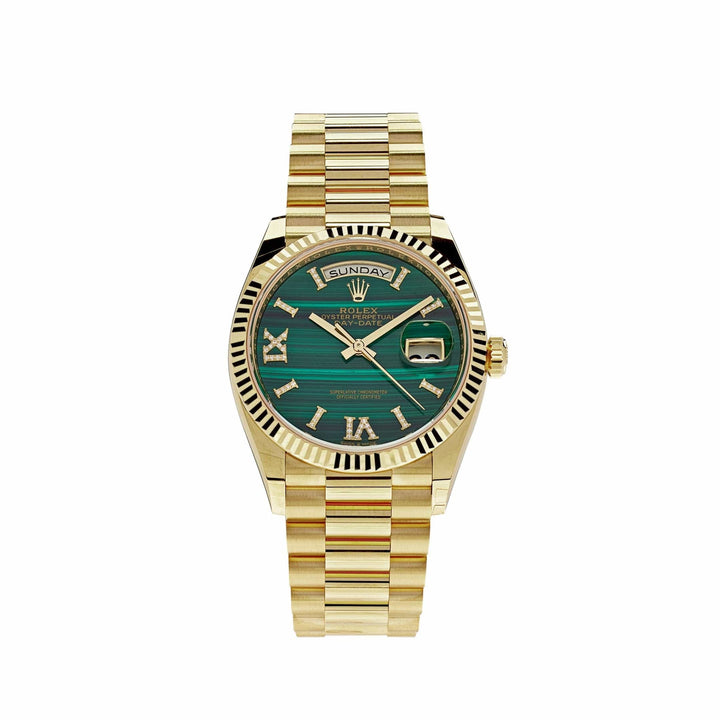 Rolex Day-Date 128238 Oro Amarillo Esfera Verde Malaquita Números Romanos Diamantes