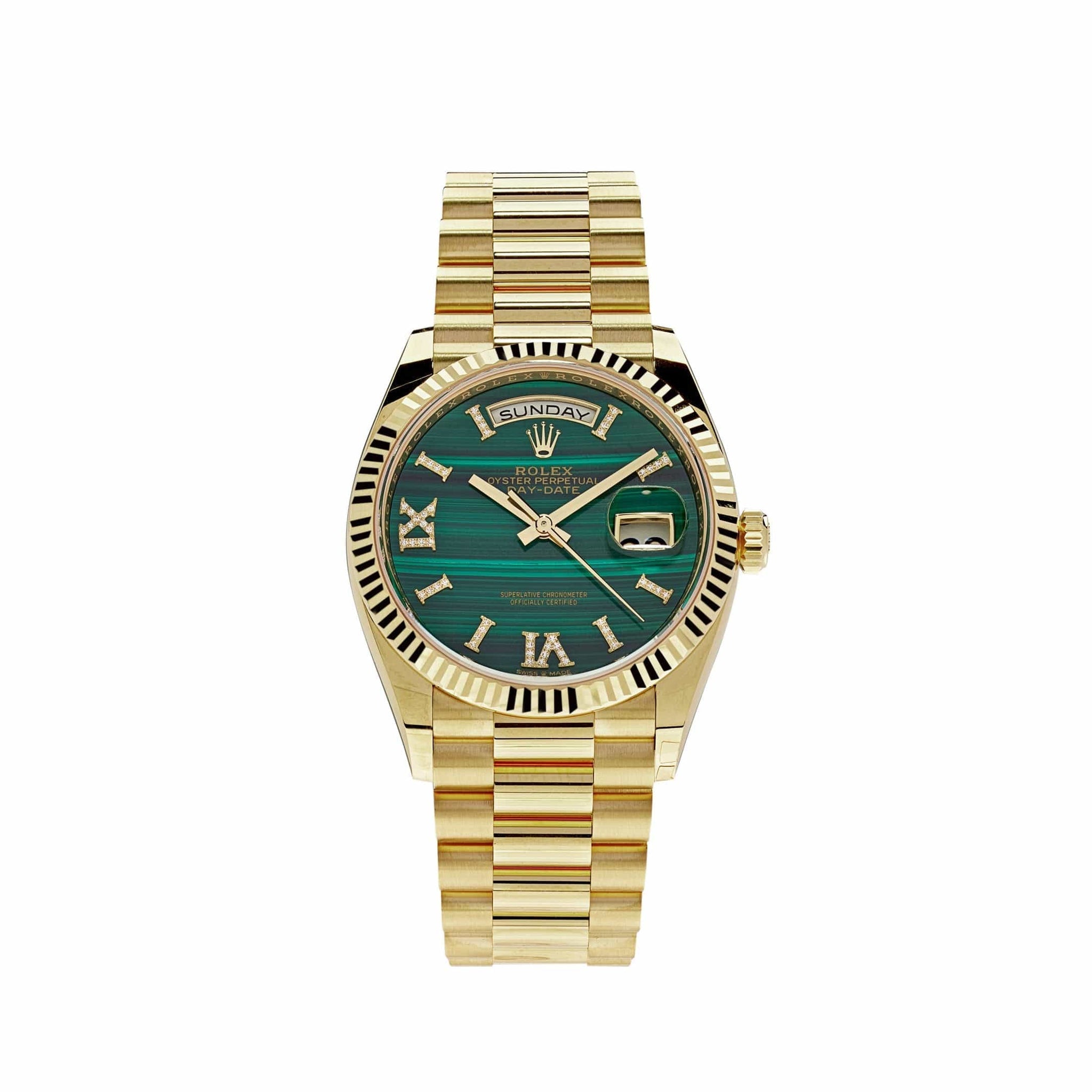 Rolex Day-Date 128238 Yellow Gold Green Malachite Roman Diamond Dial