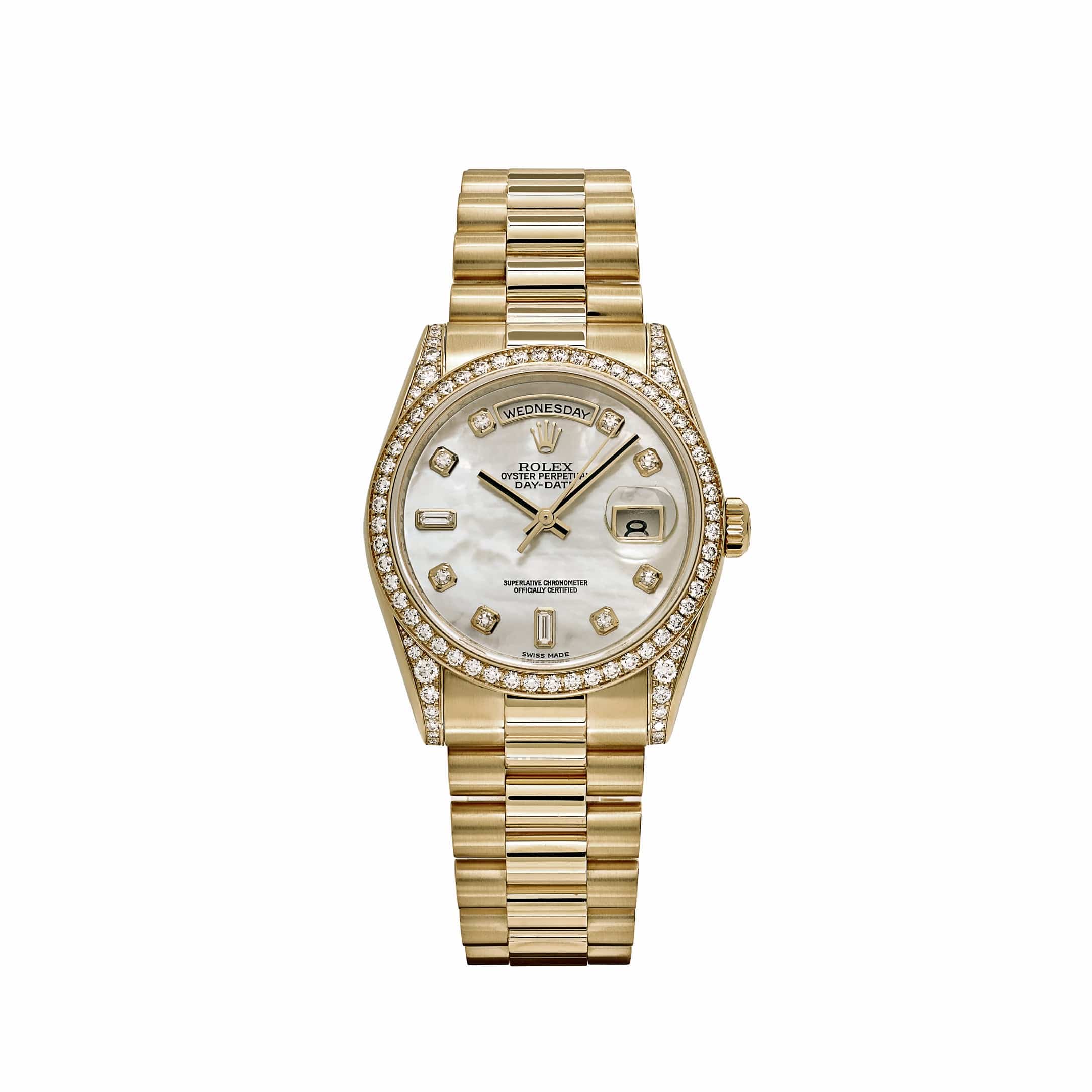Rolex Day-Date 118388 Yellow Gold White Mother of Pearl Dial Diamond Bezel (2008) - View 13
