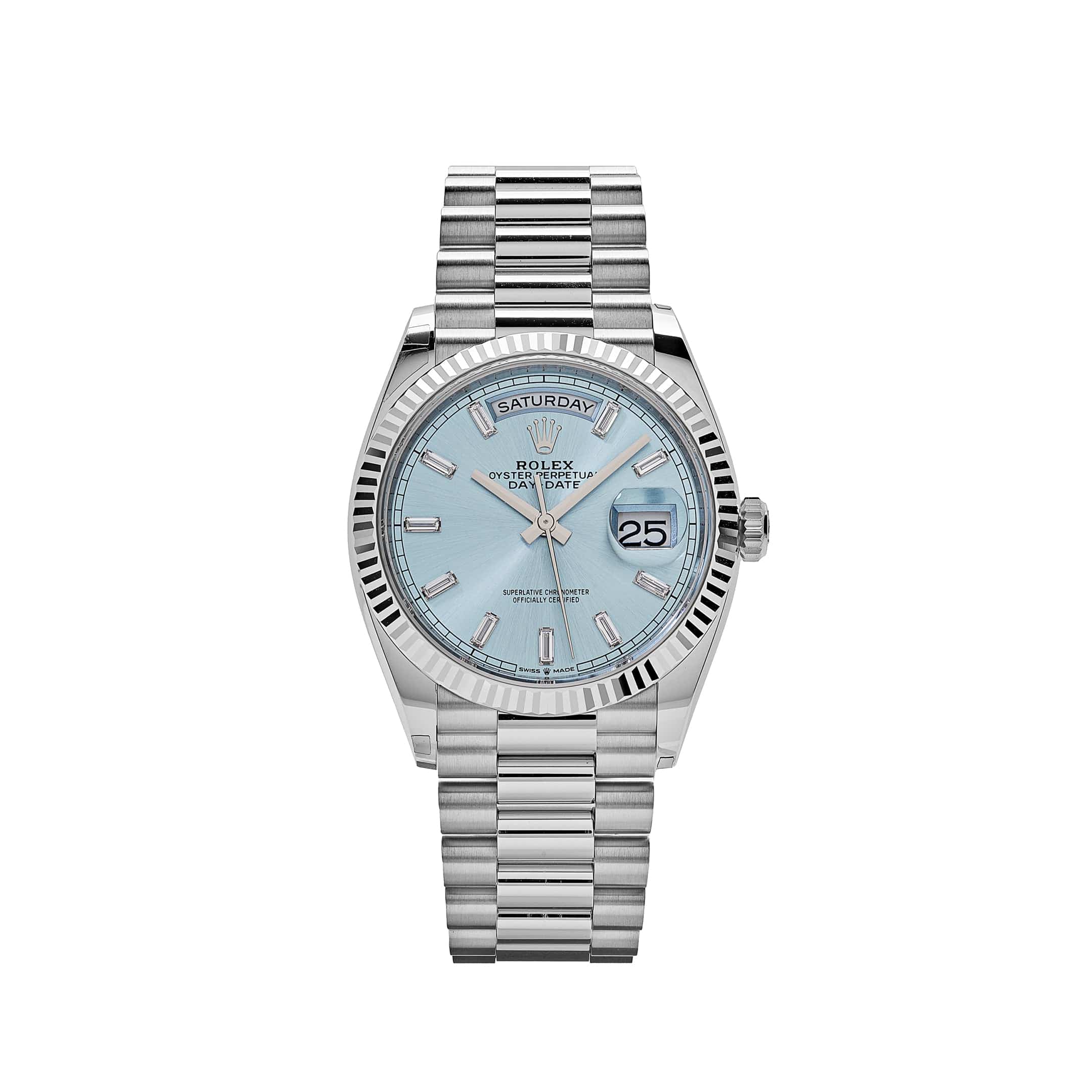 Rolex Day-Date 128236 Platinum Ice Blue Baguette Dial – CoolBrand