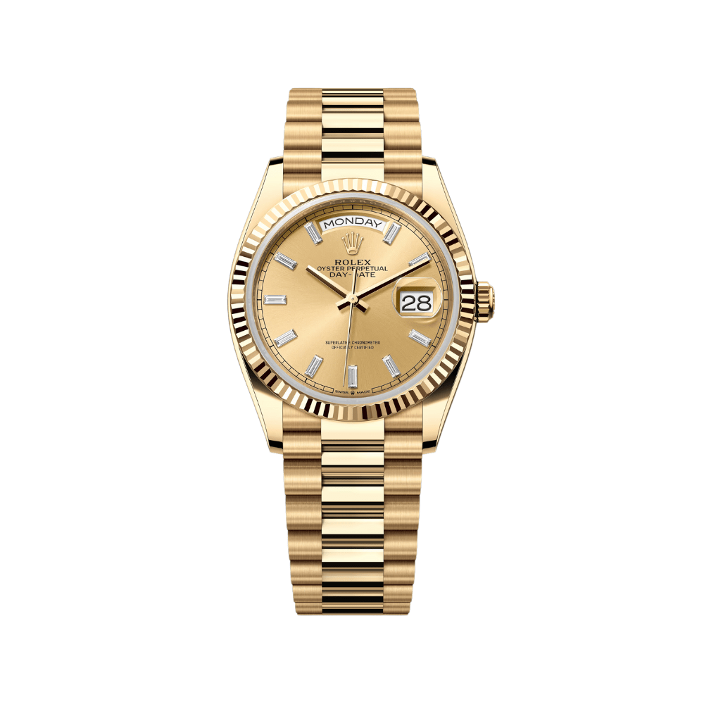 Rolex Day-Date 128238 Yellow Gold Champagne Baguette Diamond Marker Dial - View 3