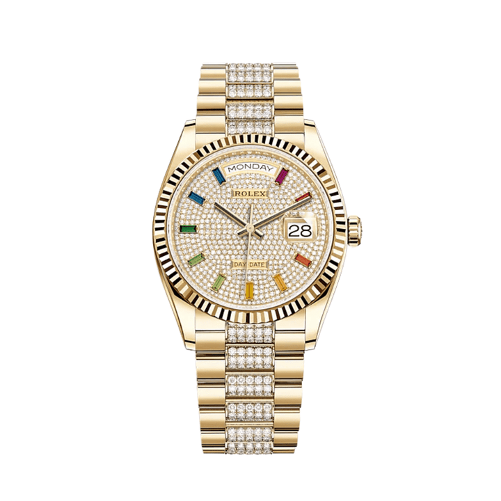 Rolex Day-Date 128238 Yellow Gold Diamond-Paved Rainbow Dial - View 2