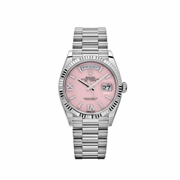 Rolex Day-Date 128239 White Gold Pink Opal Diamond Roman Numerals Dial (2024) - View 12
