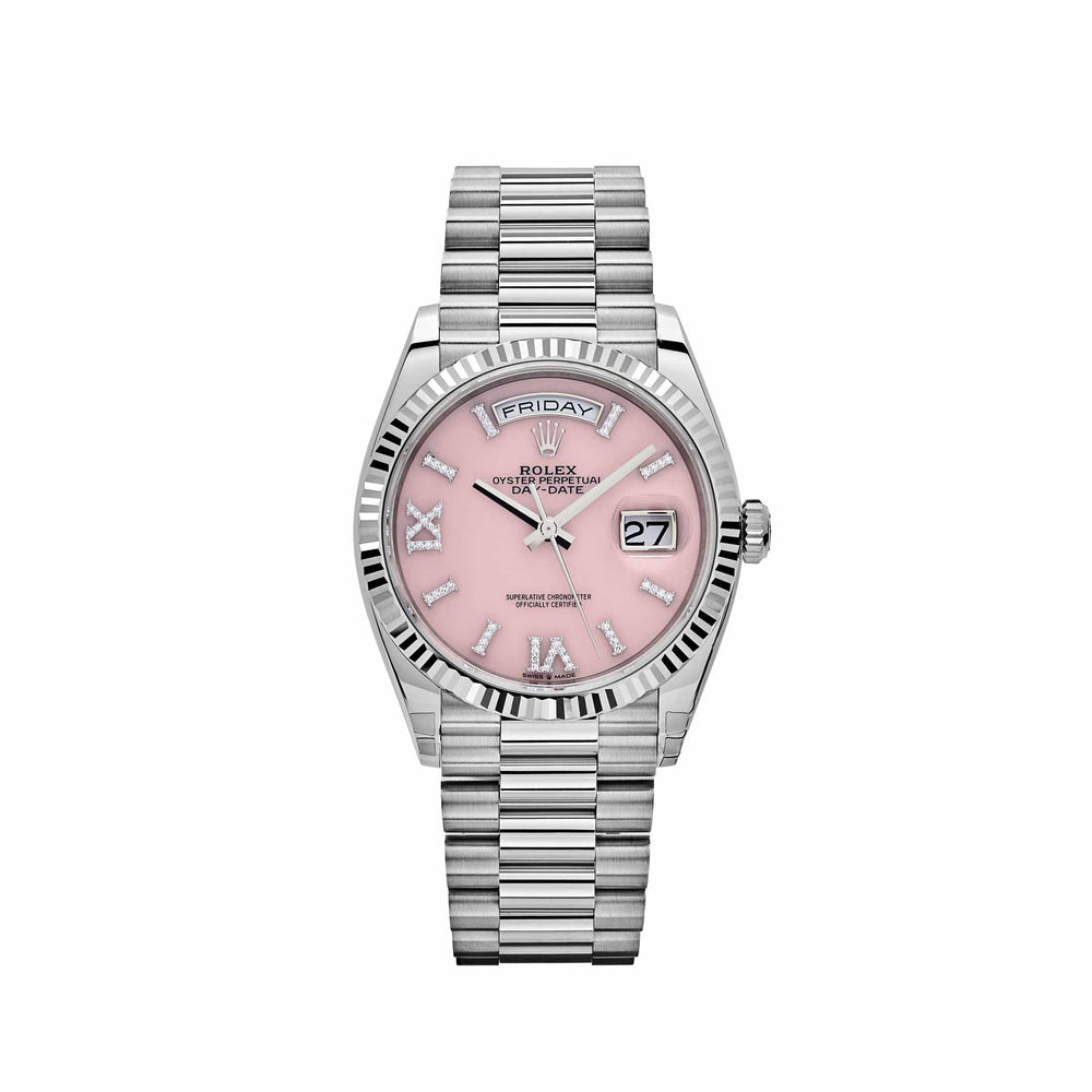 Rolex Day-Date 128239 White Gold Pink Opal Diamond Roman Numerals Dial (2024) - View 12