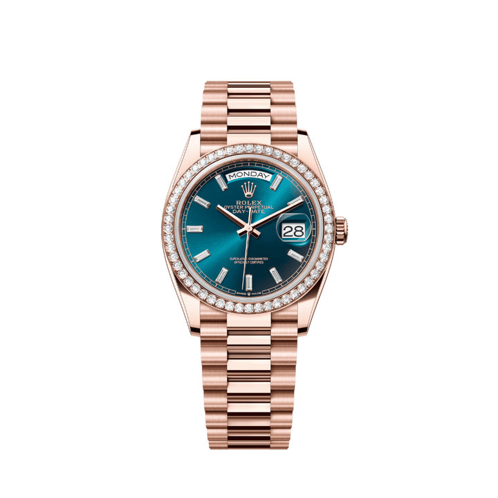 Rolex Day-Date 128345RBR Rose Gold Diamond Bezel Blue-Green Baguette Marker Dial - View 3