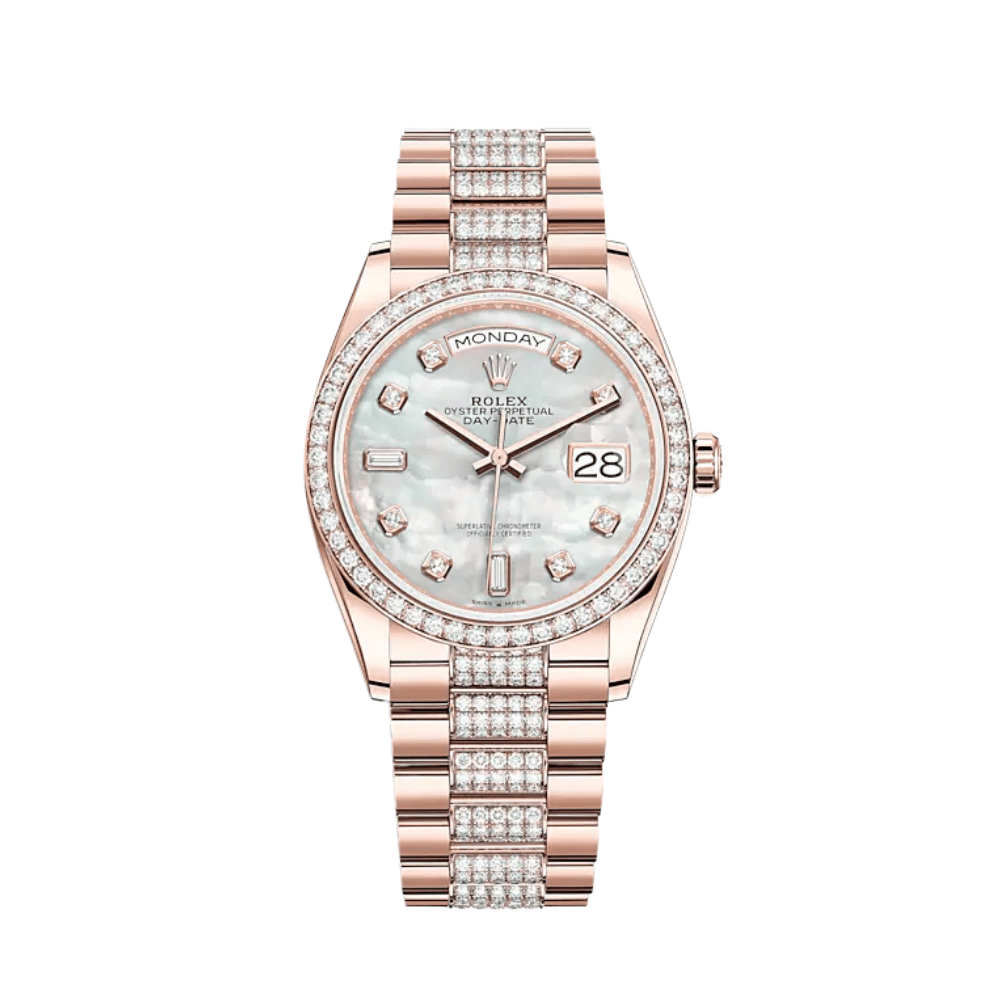 Rolex Day-Date 128345RBR Rose Gold Diamond Bezel Mother of Pearl Diamond Dial - View 2
