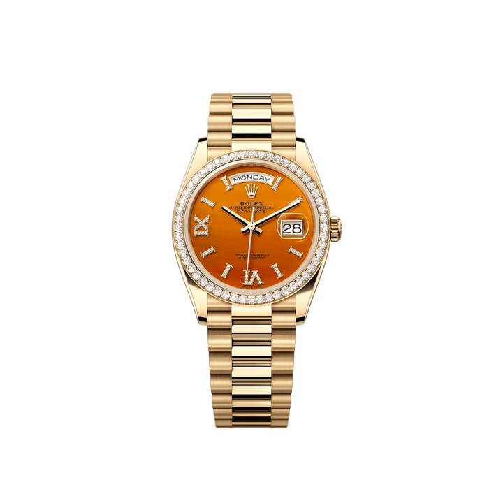 Rolex Day-Date 128348RBR Yellow Gold Carnelian Dial Diamond Bezel - View 2