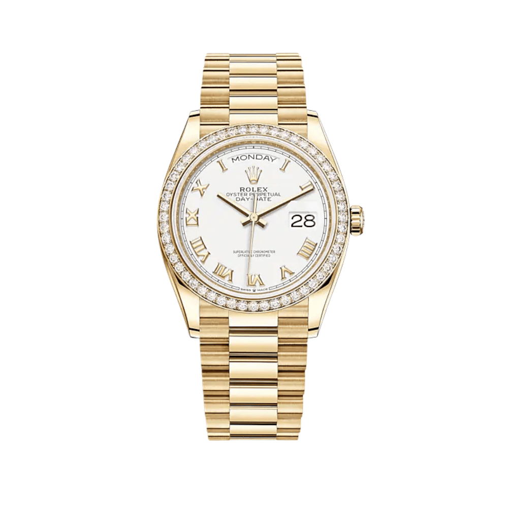 Rolex Day-Date 128348RBR Yellow Gold Diamond Bezel White Dial - View 2