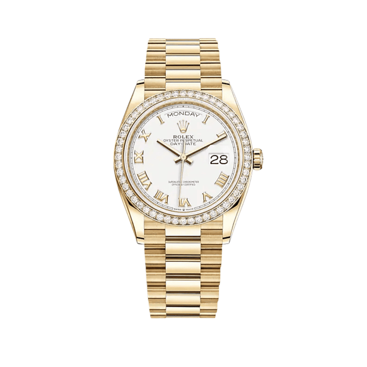 Rolex Day-Date 128348RBR Yellow Gold Diamond Bezel White Dial - View 2