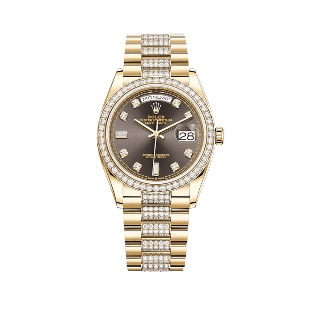 Rolex Day-Date 128348RBR Yellow Gold Diamond Bezel Grey Diamond Dial - View 2