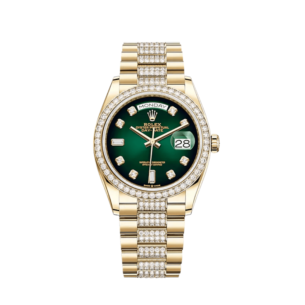 Rolex Day-Date 128348RBR Yellow Gold Diamond Bezel Green Diamond Dial - View 2