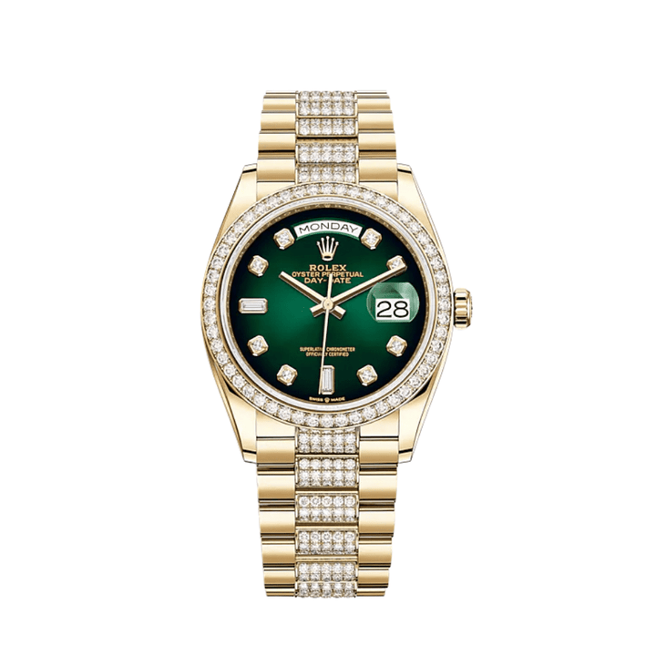 Rolex Day-Date 128348RBR Yellow Gold Diamond Bezel Green Diamond Dial - View 2