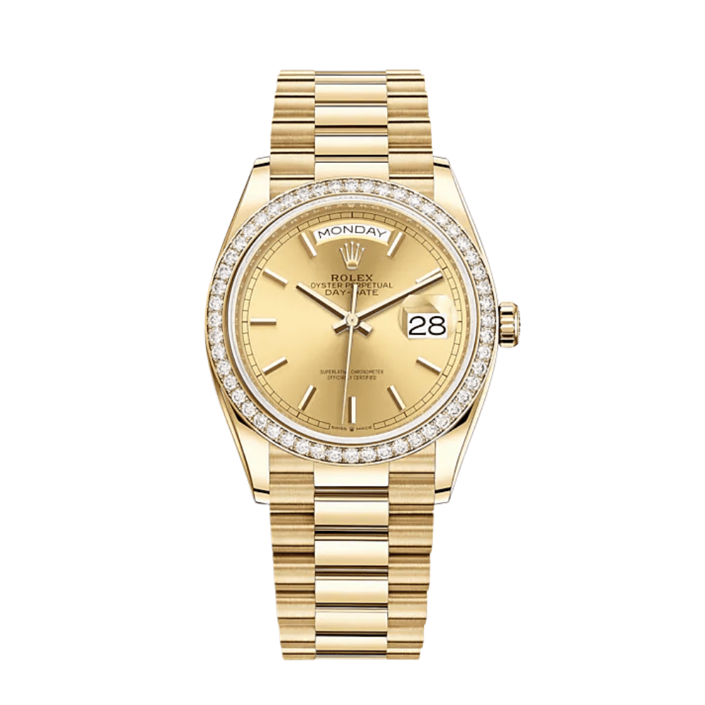 Rolex Day-Date 128348RBR Yellow Gold Diamond Bezel Champagne Dial - View 2