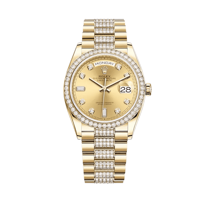 Rolex Day-Date 128348RBR Yellow Gold Diamond Bezel Champagne Diamond Dial - View 2