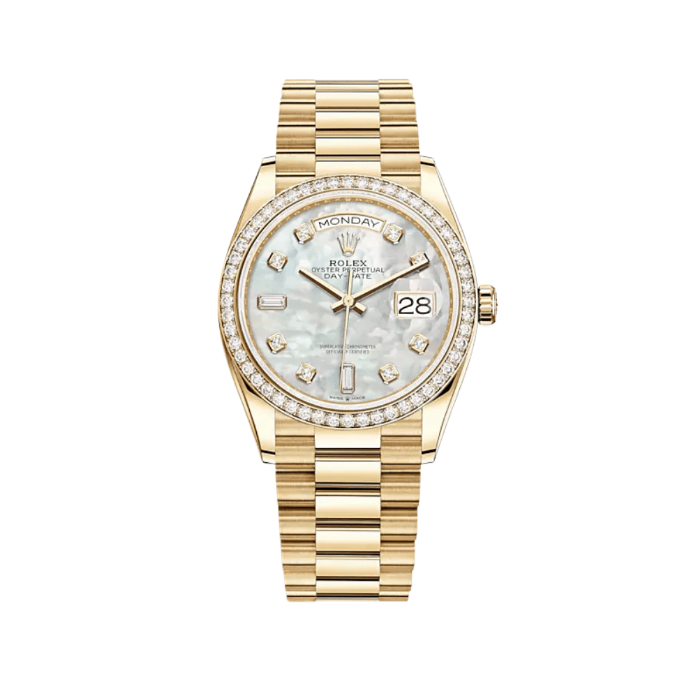 Rolex Day-Date 128348RBR Yellow Gold Diamond Bezel Mother of Pearl Diamond Dial - View 2