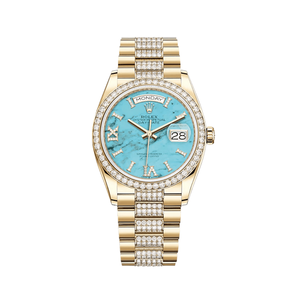 Rolex Day-Date 128348RBR Yellow Gold Diamond Bezel Turquoise Diamond Dial - View 2