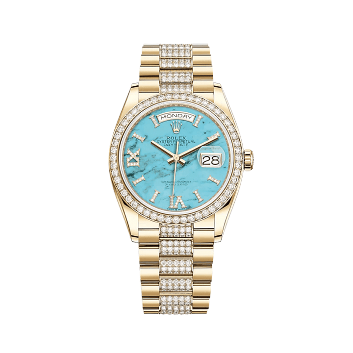 Rolex Day-Date 128348RBR Yellow Gold Diamond Bezel Turquoise Diamond Dial - View 2