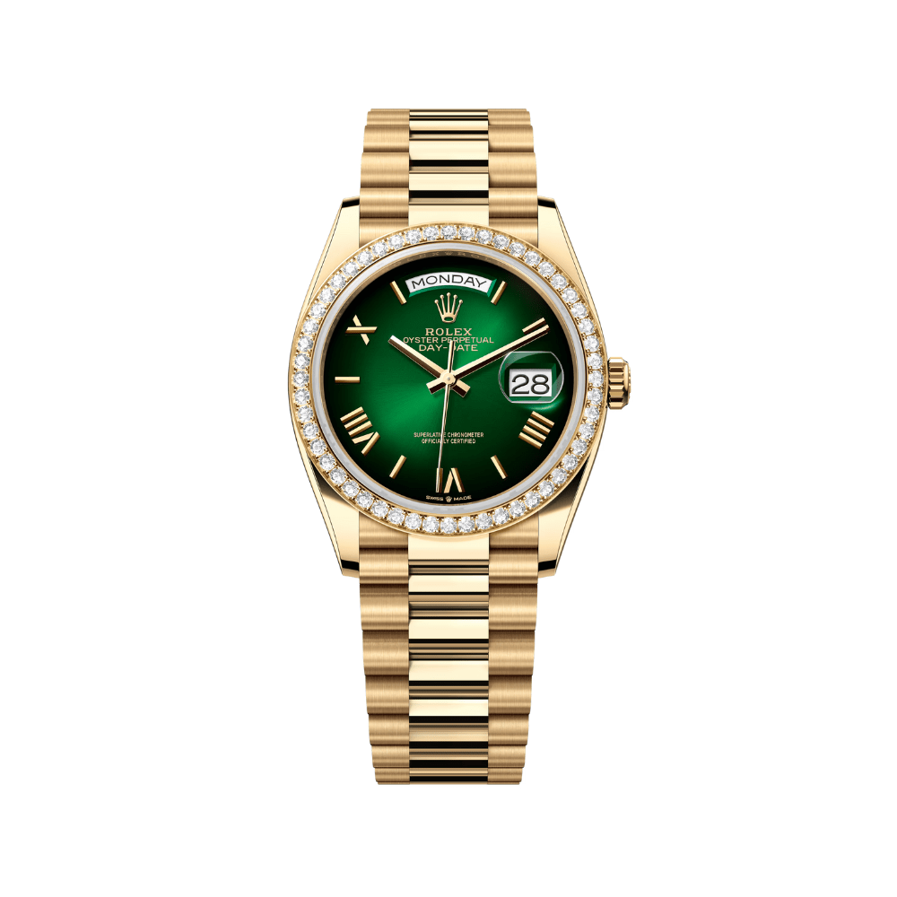 Rolex Day-Date 128348RBR Yellow Gold Green Ombre Roman Numeral Dial Diamond Bezel - View 3