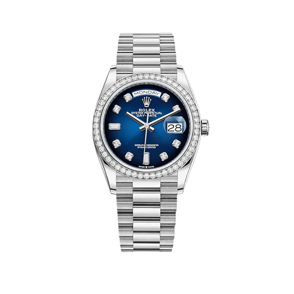Rolex Day-Date 128349RBR White Gold Blue Dial Diamond Bezel - View 2