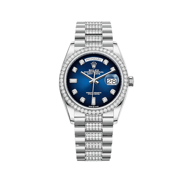 Rolex Day-Date 128349RBR White Gold Diamond Bezel Blue Diamond Dial - View 2