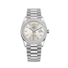 Rolex Day-Date 128349RBR Oro blanco Bisel de diamantes Esfera plateada
