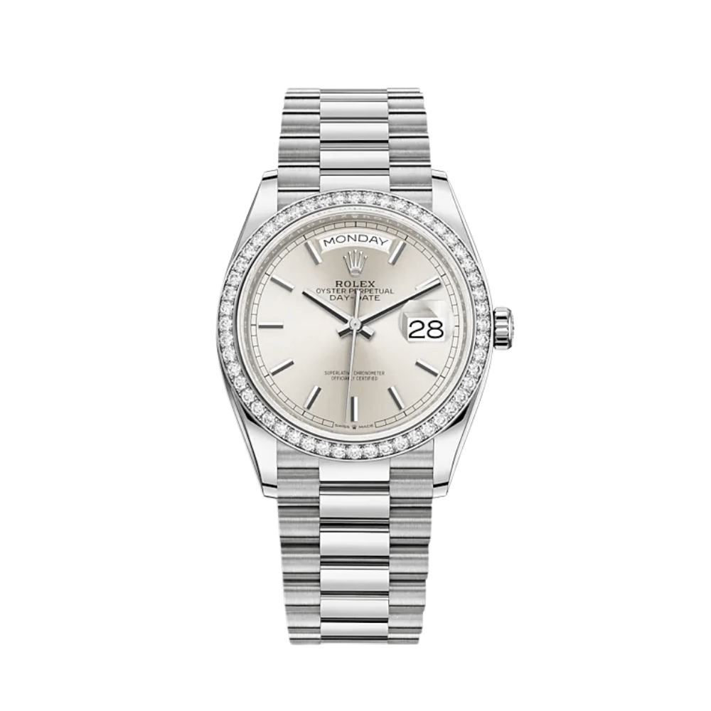 Rolex Day-Date 128349RBR White Gold Diamond Bezel Silver Dial - View 2