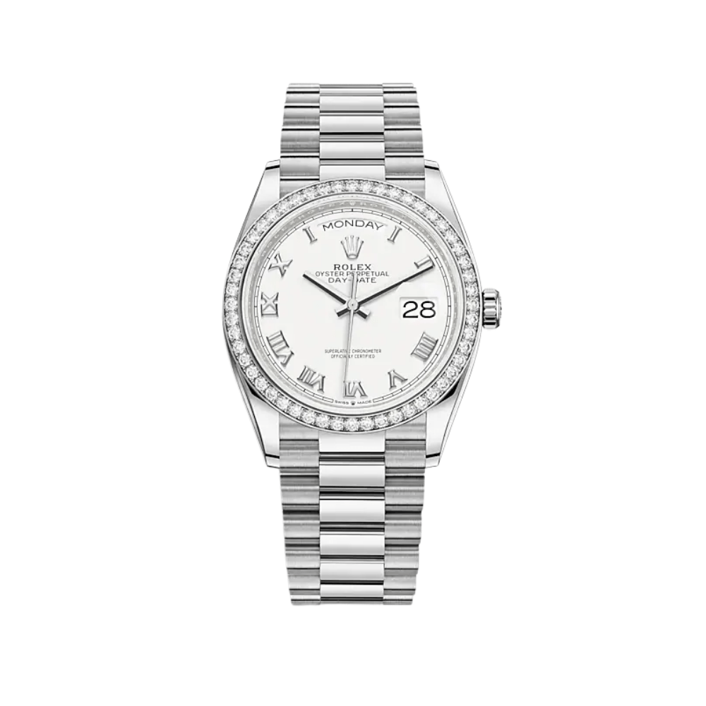 Rolex Day-Date 128349RBR White Gold Diamond Bezel White Dial - View 2