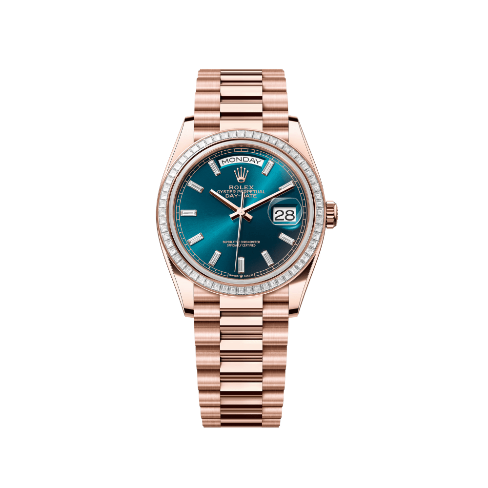 Rolex Day-Date 128395TBR Rose Gold Baguette Diamond Bezel Blue-Green Dial - View 3