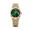 Rolex Day-Date 128398TBR Oro Amarillo Esfera Verde Ombre con Números Romanos Bisel de Diamantes Talla Baguette
