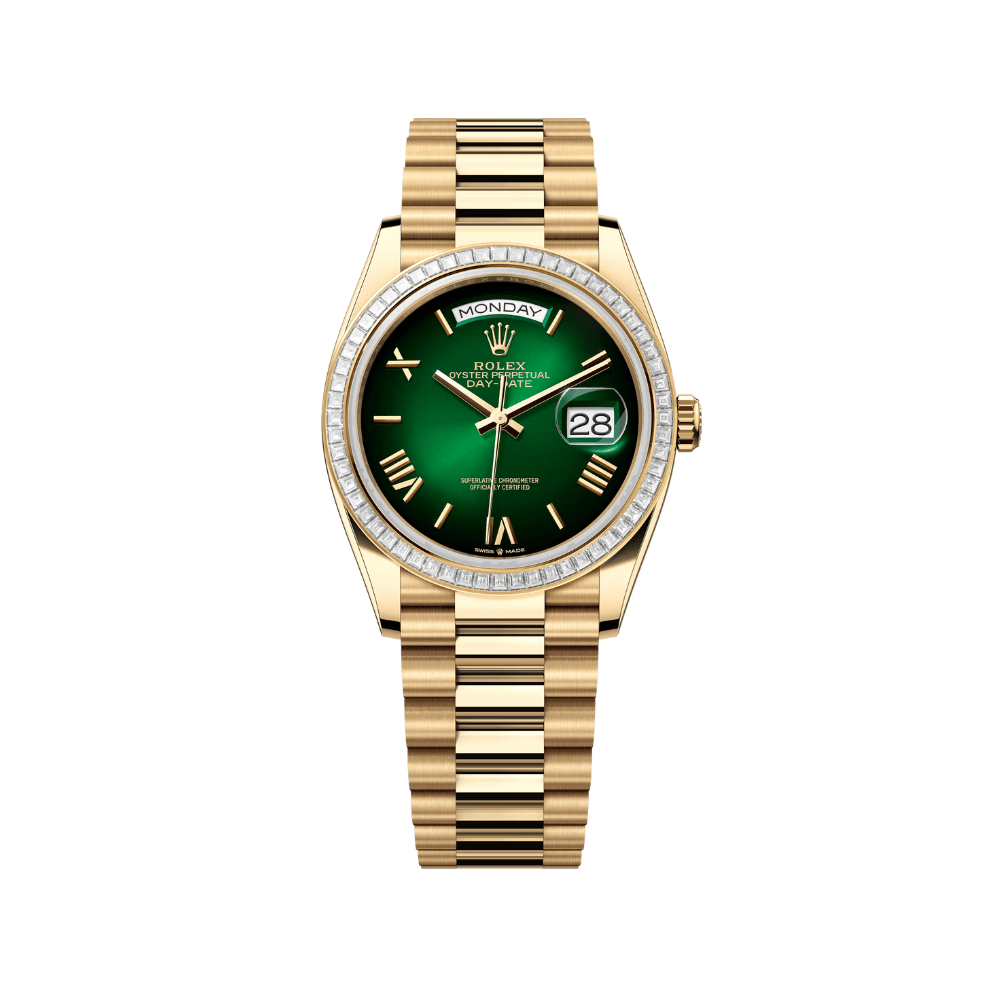 Rolex Day-Date 128398TBR Yellow Gold Green Ombre Roman Numeral Dial Baguette Diamond Bezel - View 3
