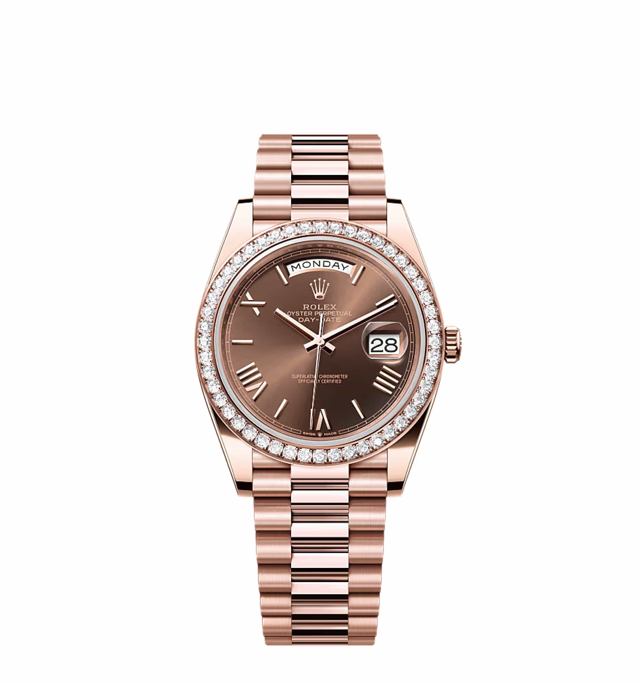 Rolex Day-Date 228235 Rose Gold Chocolate Roman Dial Diamond Bezel - View 3